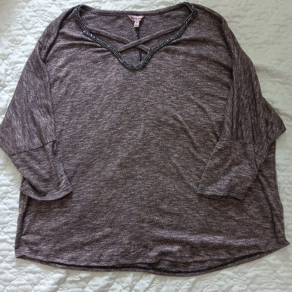 grey rhinestone criss-cross neck embellished XL  juicy couture blouse